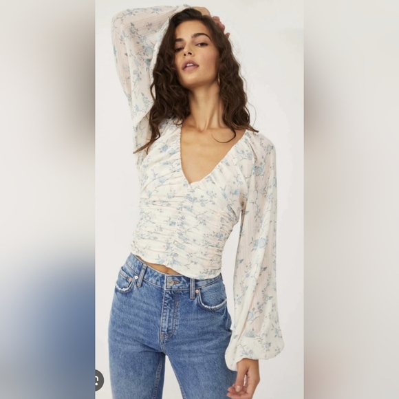 Free People Floral V-Neck Blouse - White and Blue - Picture 2 of 16